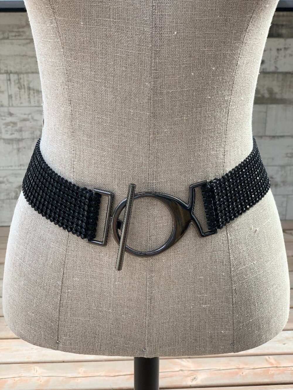Rhinestone Beaded Statement Cinch Waist Belt S Black Embellished Stretch Boho
